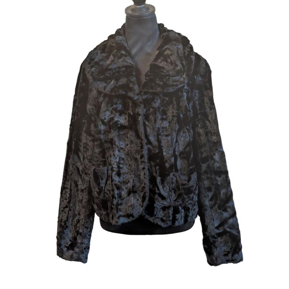 Bern and Mort Womens Large Black Crushed Faux Fur Coat Jacket Shawl Collar L